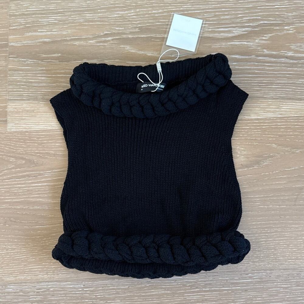 Naked Wardrobe Crop Top Rib Knit Braid Size XS Black